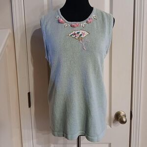 VTG Storybook Knits Green Sleeveless Sweater Embroidered Flowers Floral Fan L